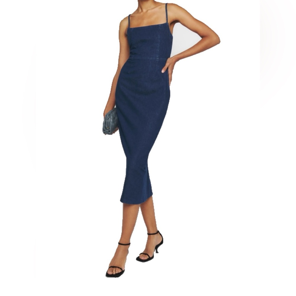 Reformation Delphinia Denim Midi Dress in rinse 2 XS